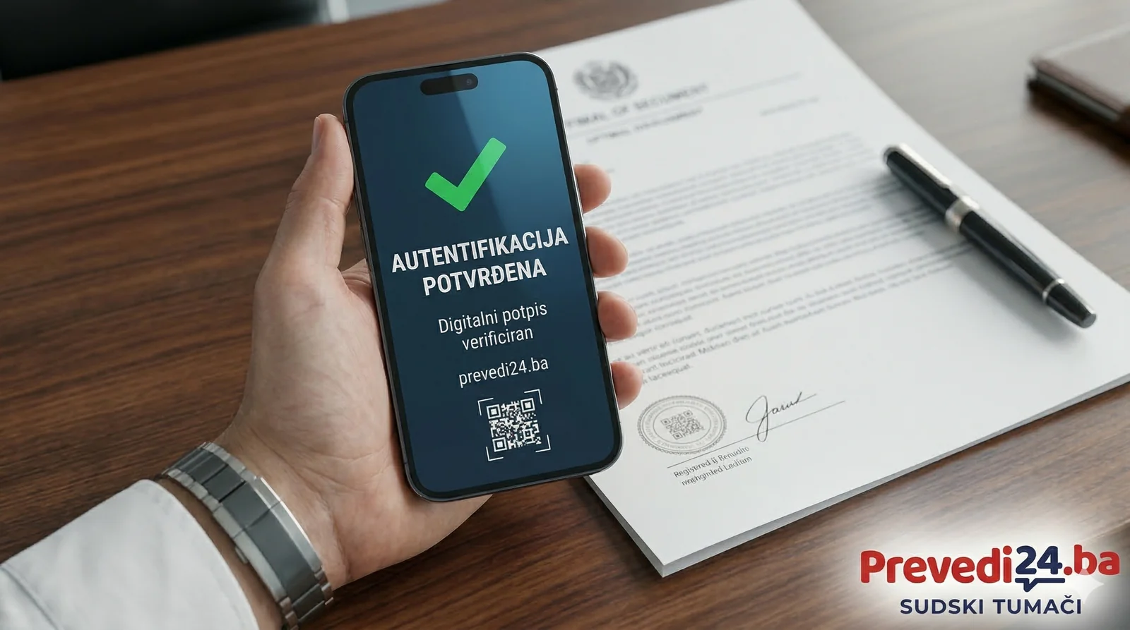 Provjera QR pečata sudskog tumača mobilnim telefonom, potvrđena autentifikacija dokumenta